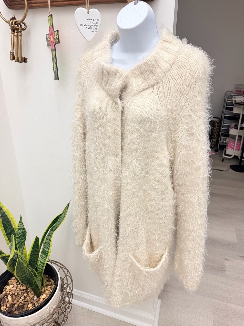 Free People Cream Fluffy Open-Front Cardigan